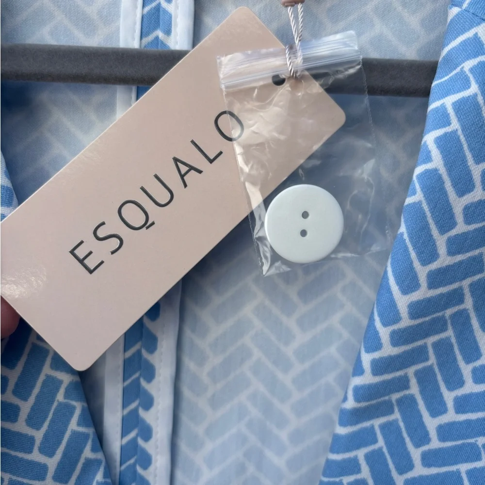 Esqualo Women’s 14 Stretch Block Print Light Blue & White Lightweight Blazer NWT